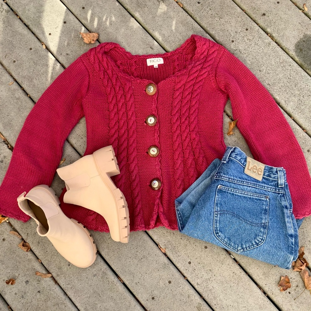 Vintage Peplum Knit Button-Up Cardigan | Hand Knit Button Front Peplum Sweater